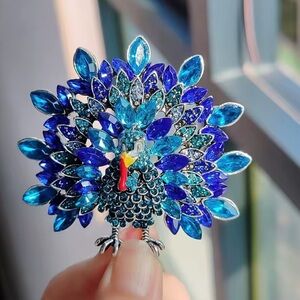 Blue Rhinestone Turkey Brooch Festive Thanksgiving Sparkling Holiday Jewelry